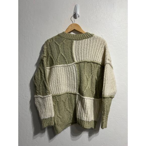 Zara Sweater Womens Small Patchwork Chunky Knit Sage Green Ivory V Neck Oversize - Picture 6 of 6